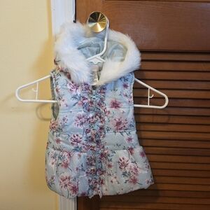 Floral Puffer Vest with Faux Fur Hood